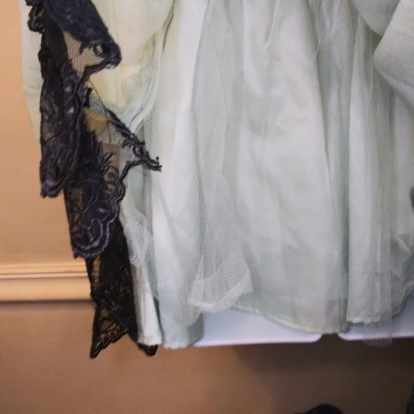 Dolls Kill House Of Widow Shimmery Mint Chiffon & Black Lace Trimmed Mini Dress - Picture 3 of 7